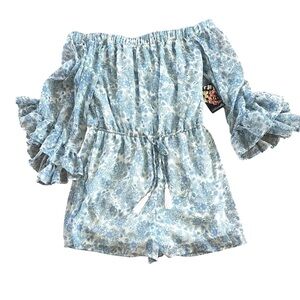 Hint Of Blush Women Size Large Off The Shoulder Short Romper White Blue Floral